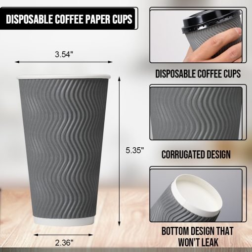 wholesale 16 oz gray insulated ripple paper coffee cups with lids - disposable and ideal for water, juice, coffee - factory direct