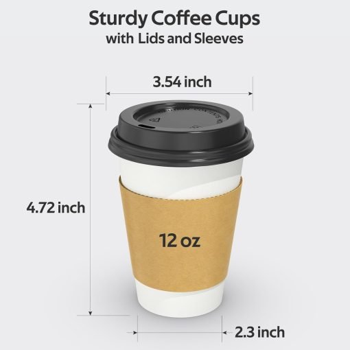 wholesale 12 oz disposable coffee cups with lids and sleeves - sturdy, thick paper & leak-free insulation for hot & cold beverages