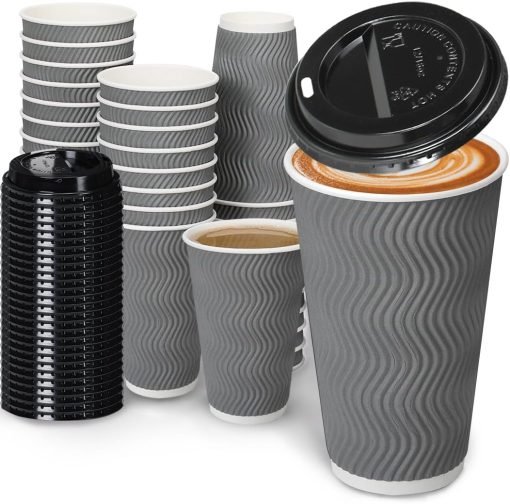 wholesale 16 oz gray insulated ripple paper coffee cups with lids - disposable and ideal for water, juice, coffee - factory direct