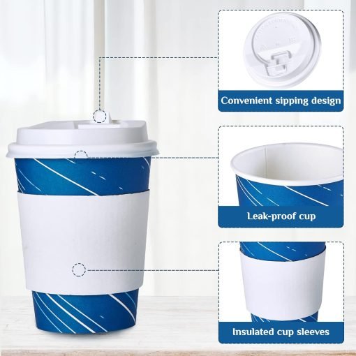 wholesale 12 oz blue disposable paper coffee cups - complete set with lids, sleeves, and stirring sticks for hot/cold drinks, made from recycled paper, ideal for home, travel, office, and events - factory direct