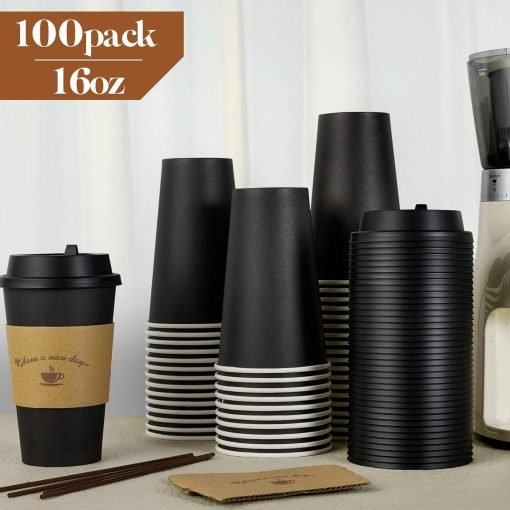 wholesale 16 oz paper coffee cups with lids, sleeves, and stirring sticks - disposable, black, perfect for hot coffee and chocolate drinks in homes and cafes