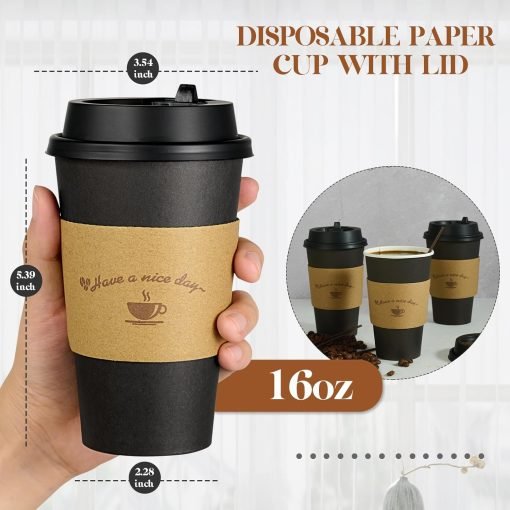 wholesale 16 oz paper coffee cups with lids, sleeves, and stirring sticks - disposable, black, perfect for hot coffee and chocolate drinks in homes and cafes