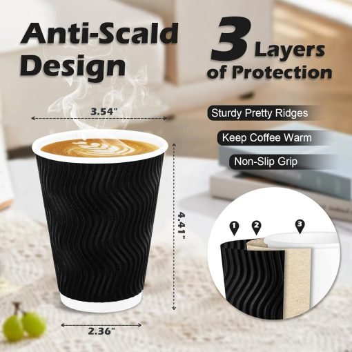 wholesale 12 oz black disposable coffee cups - corrugated ripple wall design for hot/cold beverages