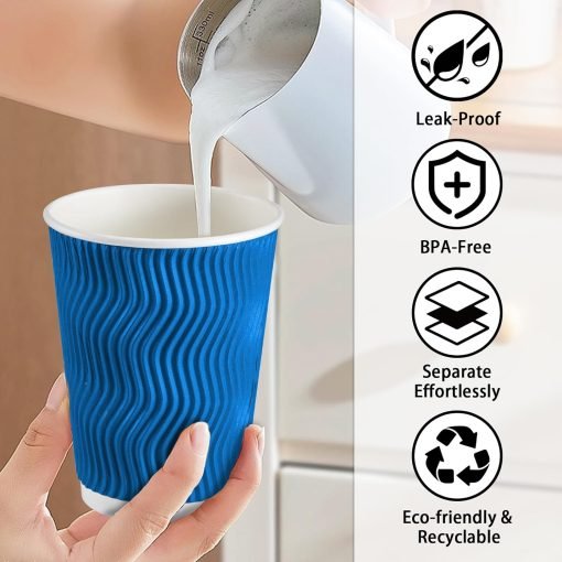 wholesale 12 oz blue disposable insulated coffee cups - corrugated ripple wall design for hot and cold drinks