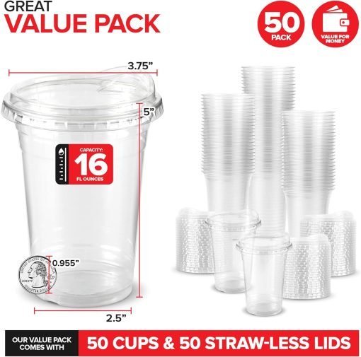 wholesale 16 oz clear plastic cups with disposable lids - strawless sip lid design, perfect for smoothies, cold brew iced coffee, lemonade, ice latte, boba, and party drinks - factory direct