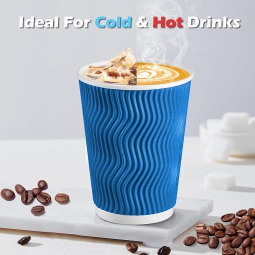 wholesale 12 oz blue disposable insulated coffee cups - corrugated ripple wall design for hot and cold drinks