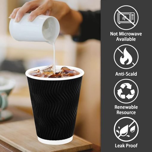 wholesale 12 oz black disposable coffee cups - corrugated ripple wall design for hot/cold beverages