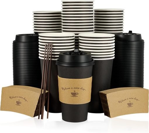 wholesale 16 oz paper coffee cups with lids, sleeves, and stirring sticks - disposable, black, perfect for hot coffee and chocolate drinks in homes and cafes