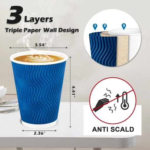 wholesale 12 oz blue disposable insulated coffee cups - corrugated ripple wall design for hot and cold drinks