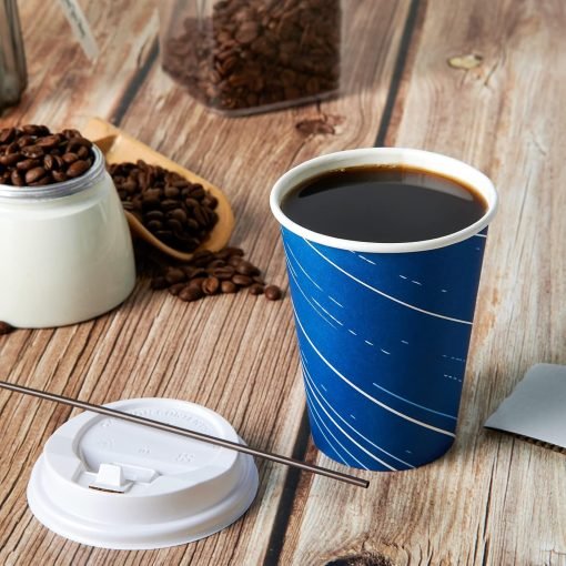 wholesale 12 oz blue disposable paper coffee cups - complete set with lids, sleeves, and stirring sticks for hot/cold drinks, made from recycled paper, ideal for home, travel, office, and events - factory direct