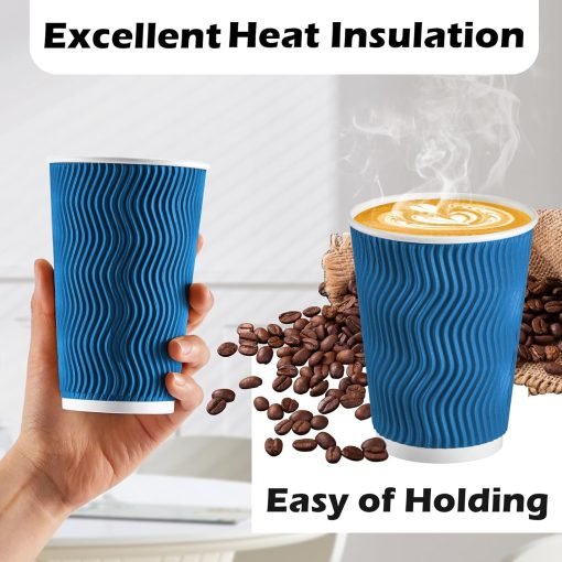 wholesale 12 oz blue disposable insulated coffee cups - corrugated ripple wall design for hot and cold drinks