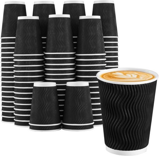 wholesale 12 oz black disposable coffee cups - corrugated ripple wall design for hot/cold beverages