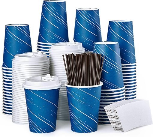 wholesale 12 oz blue disposable paper coffee cups - complete set with lids, sleeves, and stirring sticks for hot/cold drinks, made from recycled paper, ideal for home, travel, office, and events - factory direct