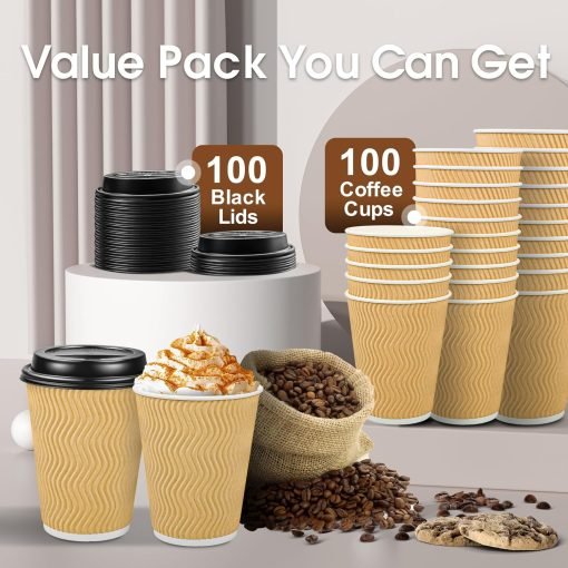 wholesale 12oz disposable insulated ripple wall paper coffee cups with lids - ideal for to-go hot drinks, beige factory