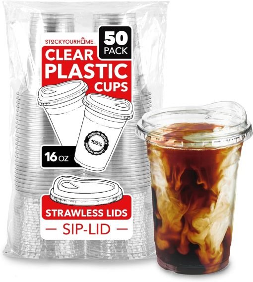 wholesale 16 oz clear plastic cups with disposable lids - strawless sip lid design, perfect for smoothies, cold brew iced coffee, lemonade, ice latte, boba, and party drinks - factory direct