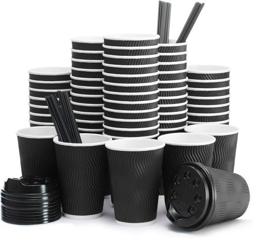 wholesale 12 oz insulated disposable coffee cups with lids & straws - ideal for hot beverages to go - perfect for home, office, car, or coffee shop - black - factory direct