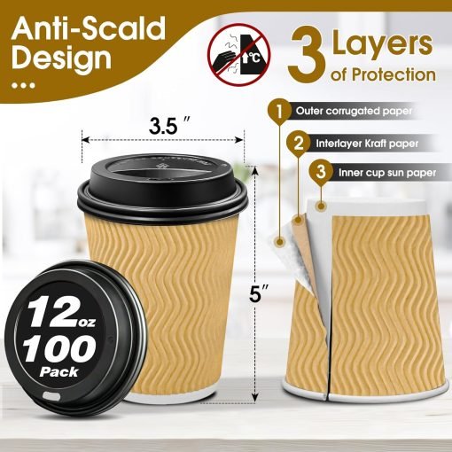 wholesale 12oz disposable insulated ripple wall paper coffee cups with lids - ideal for to-go hot drinks, beige factory