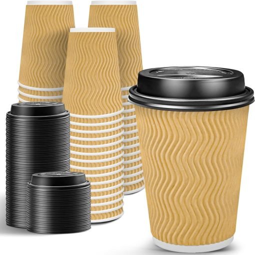 wholesale 12oz disposable insulated ripple wall paper coffee cups with lids - ideal for to-go hot drinks, beige factory