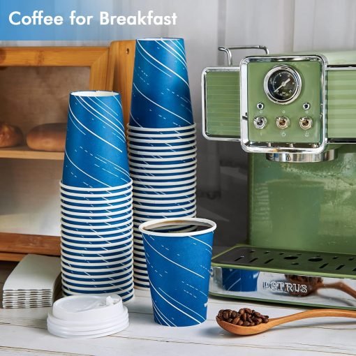 wholesale 12 oz blue disposable paper coffee cups - complete set with lids, sleeves, and stirring sticks for hot/cold drinks, made from recycled paper, ideal for home, travel, office, and events - factory direct