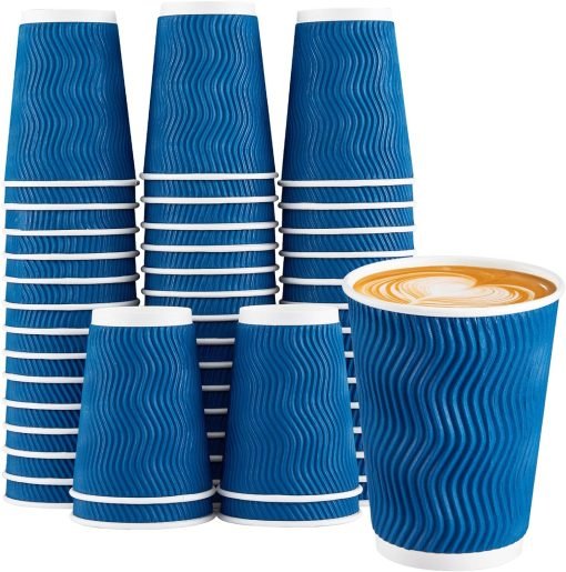 wholesale 12 oz blue disposable insulated coffee cups - corrugated ripple wall design for hot and cold drinks