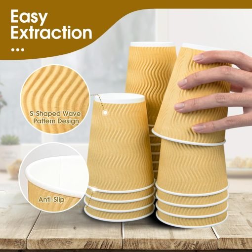 wholesale 12oz disposable insulated ripple wall paper coffee cups with lids - ideal for to-go hot drinks, beige factory