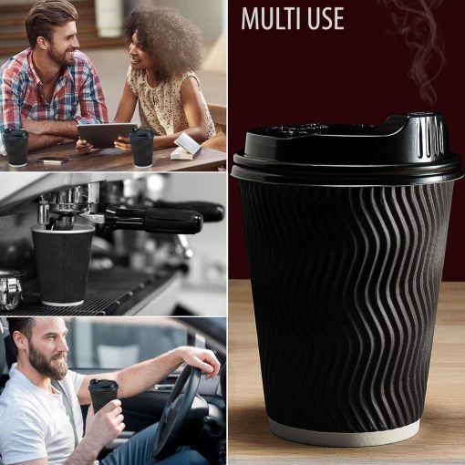 wholesale 12 oz insulated disposable coffee cups with lids & straws - ideal for hot beverages to go - perfect for home, office, car, or coffee shop - black - factory direct