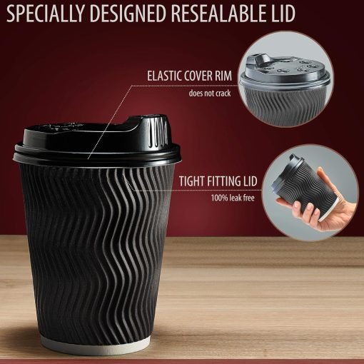 wholesale 12 oz insulated disposable coffee cups with lids & straws - ideal for hot beverages to go - perfect for home, office, car, or coffee shop - black - factory direct